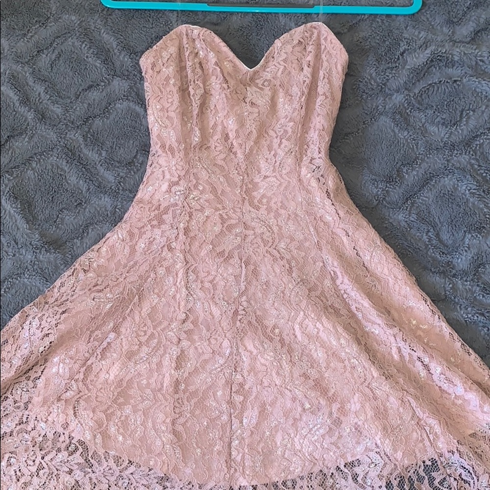 nude/pink lace strapless short dress